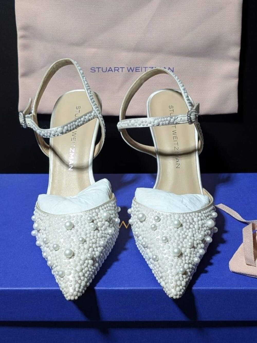 Stuart Weitzman Bliss 85 Pearl-Embellished Satin Pumps Cream/Natural US Size 7.5